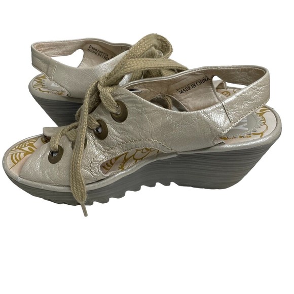 Fly London Ylfa Leather Lace Up Wedge Sandals Shoes US 7.5 EU 38 Pearlized a1 - Picture 4 of 10